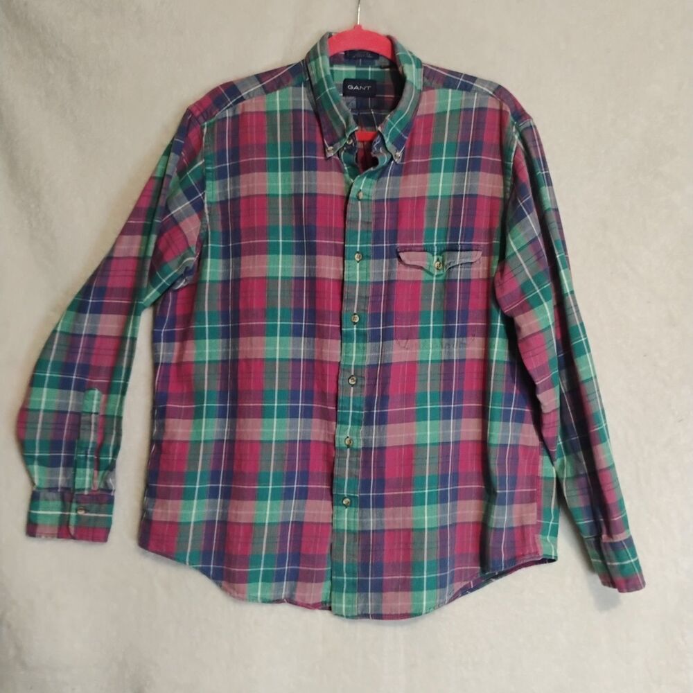 Vintage Gant Cambridge Flannel Shirt Mens XL Plaid Button Down USA Teal Pink